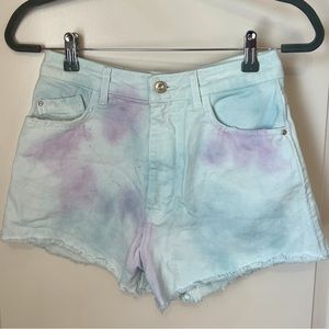 Zara Blue & Purple Tie-Dye Denim Raw Hem High-Rise Shorts - Size 6